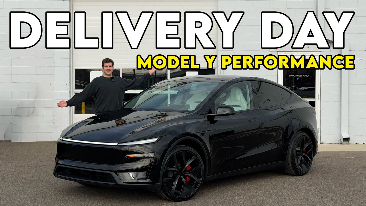 YouTube post by @TeslaFlex for Spigen. Caption reads: Taking Delivery of my NEW Model Y Performance! My....