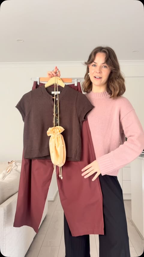 Instagram post by @meggie.fairb for THE ICONIC. Caption reads: [...] for sizing info ❤️ Cardigan & Pants:....
