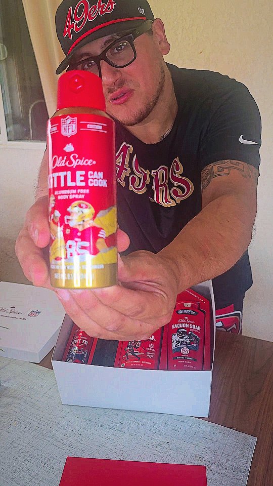 Instagram post by @jay.r400 for Old Spice. Caption reads: Thank you @oldspice #giftedbyoldspice #49ers #gift.