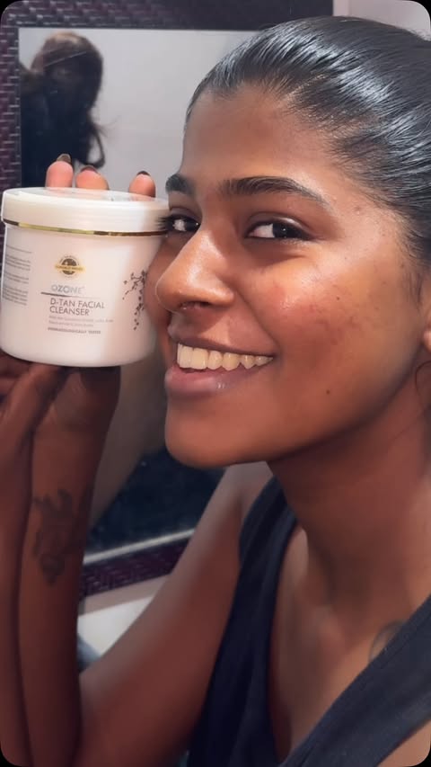 Instagram post by @divya.darshini_ for Ozone Ayurvedics. Caption reads: Ozone D-Tan Facial Cleanser ✨ For clean, fresh &....