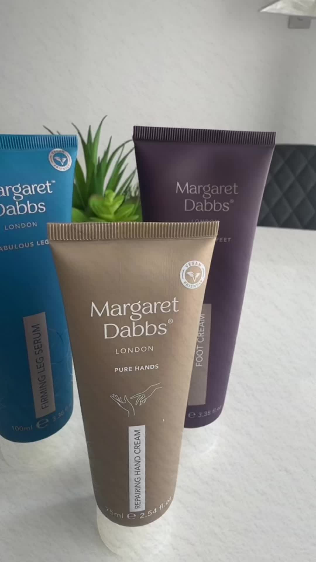TikTok post by @dazzmaka for Margaret Dabbs. Caption reads: Margaret Dabbs London luxury skincare trio....