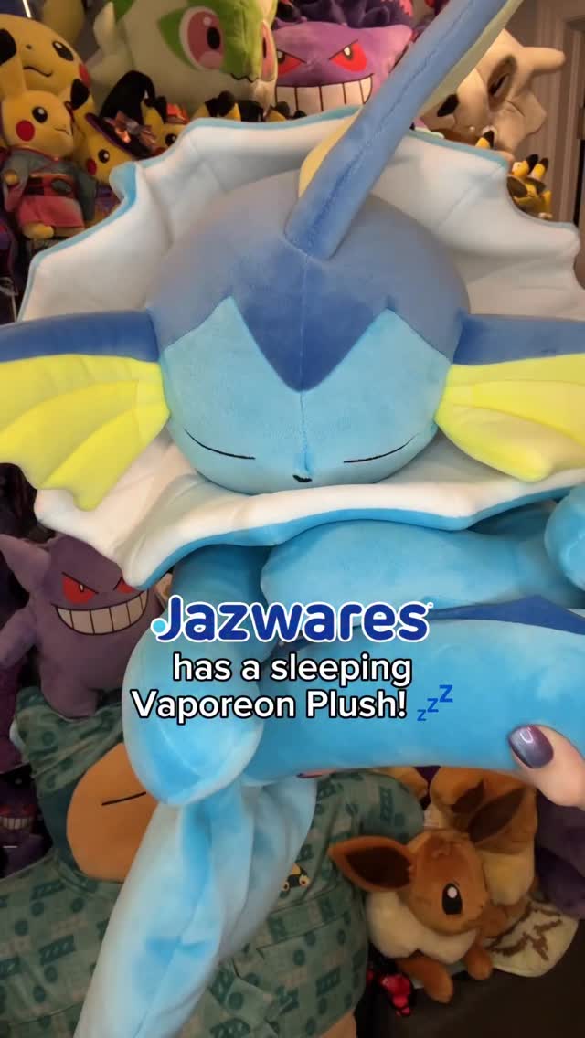 Instagram post by @allycatastrophe for Jazwares. Caption reads: 💤 I FINALLY found the sleeping Vaporeon plush....