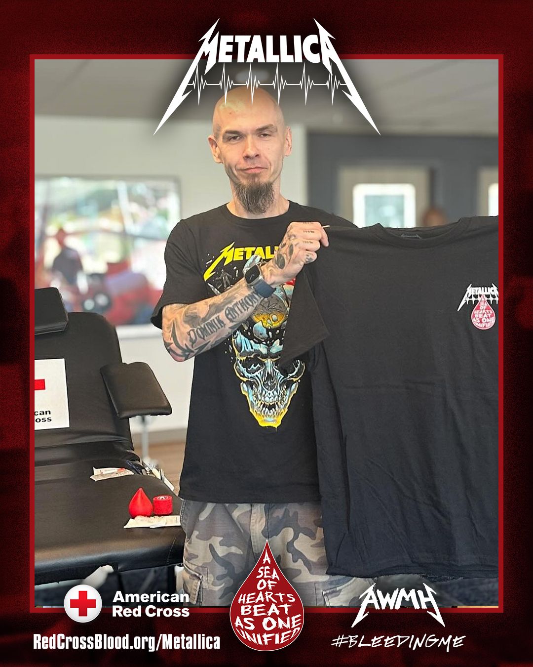 Instagram post by @allwithinmyhandsfoundation for American Red Cross. Caption reads: The #M72 @americanredcross x @metallica Blood....