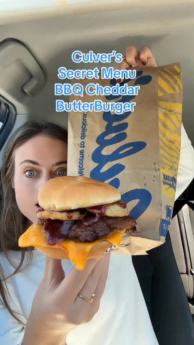 Instagram post by @sarahmargareteats for Culver’s. Caption reads: Culver’s Secret Menu BBQ Cheddar ButterBurger....