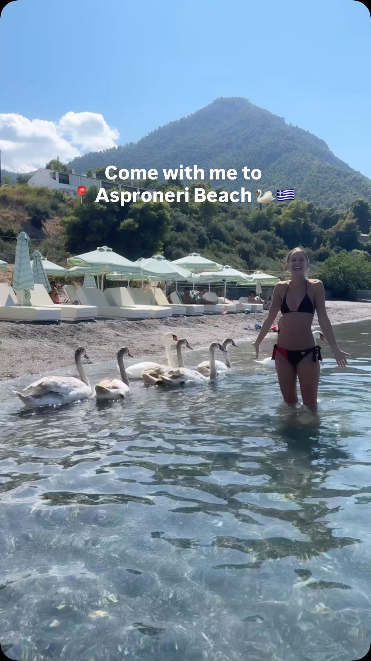 Instagram post by @dominika_rides for HJC Helmets. Caption reads: Come ride with me to
📍 Asproneri Beach
where I....