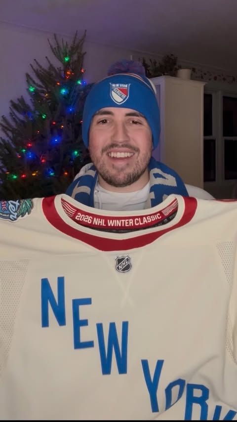 Instagram post by @cameronguzzo for Fanatics. Caption reads: Unboxing some 2026 NHL Winter Classic New York....