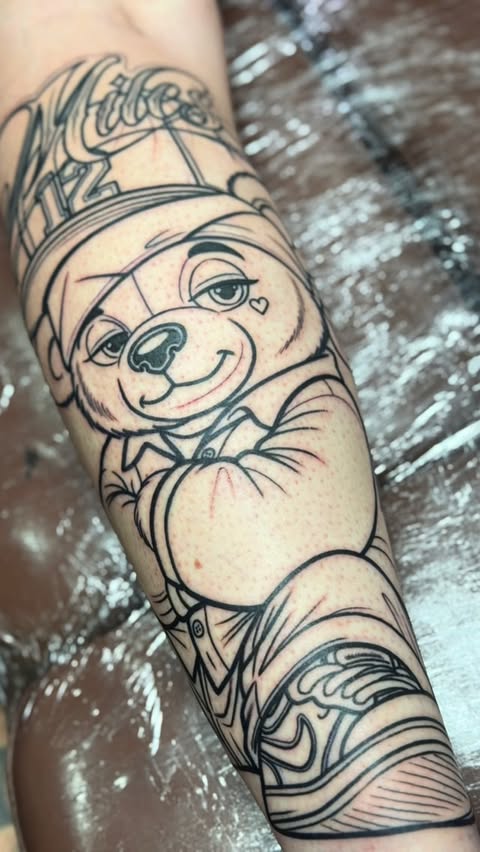 Instagram post by @bigmikeost for Barber DTS Tattoo Supplies. Caption reads: OG Teddy Bear! 🧸 Lined in! Next session we will....