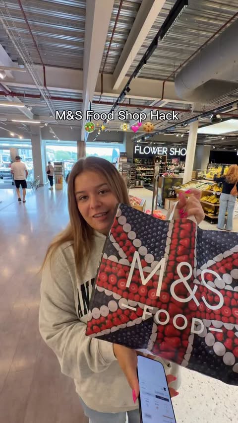 Instagram post by @tanayagreenn for JamDoughnut. Caption reads: AD M&S Food Shop Hack ✨🛒💵💕 @jamdoughnutuk I....
