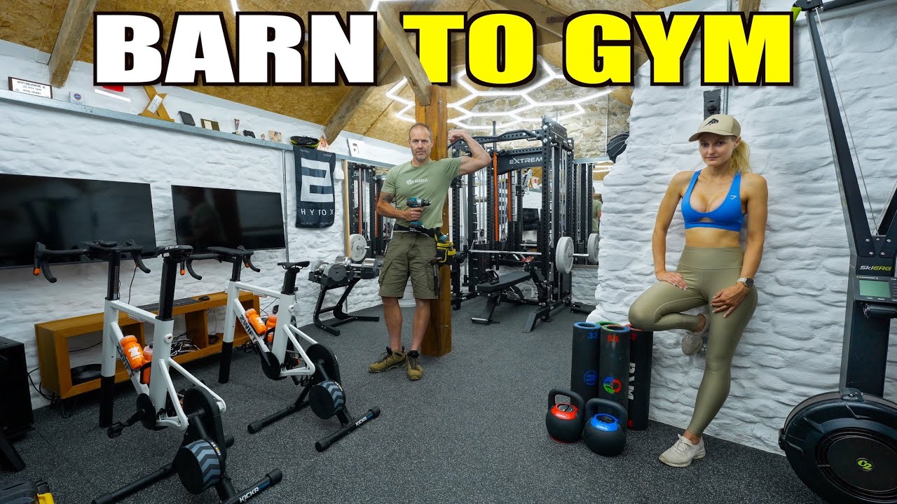 YouTube post by @MarkLewisfitness for Garage Style Ltd. Caption reads: We Built Our Dream Gym In A 300 Year Old Barn.