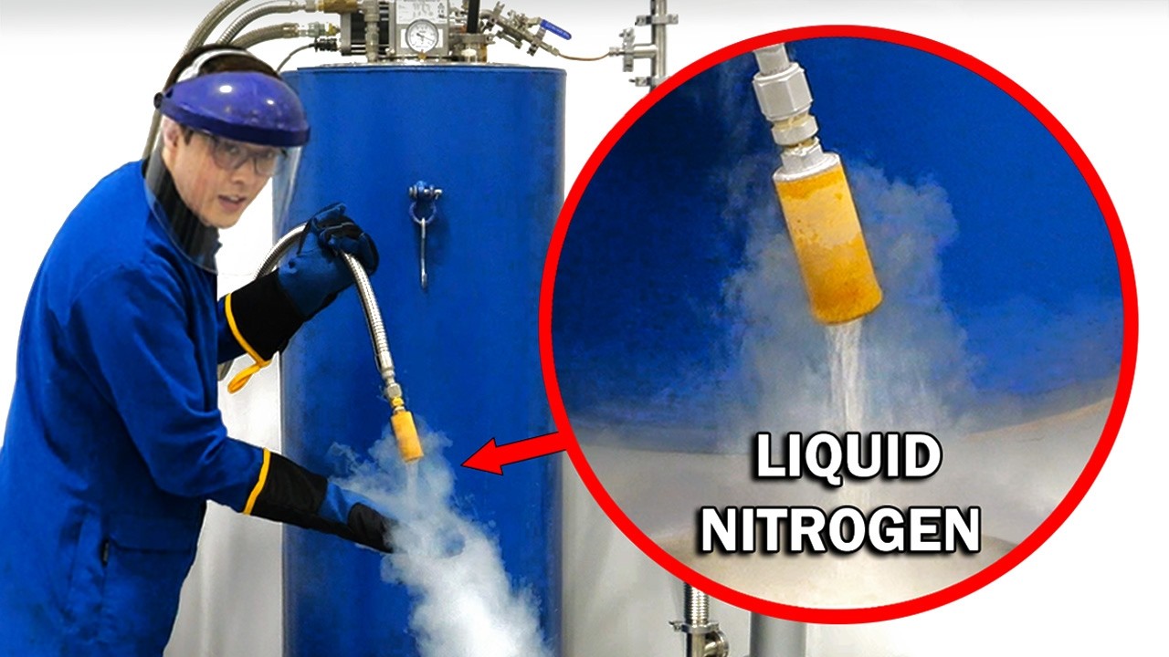 YouTube post by @NileRed for Brilliant.org. Caption reads: Making liquid nitrogen from scratch (an absurd....