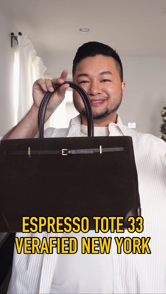Instagram post by @shwncrz for VERAFIED NEW YORK. Caption reads: [...] the Espresso Suede Book Tote from Verafied....