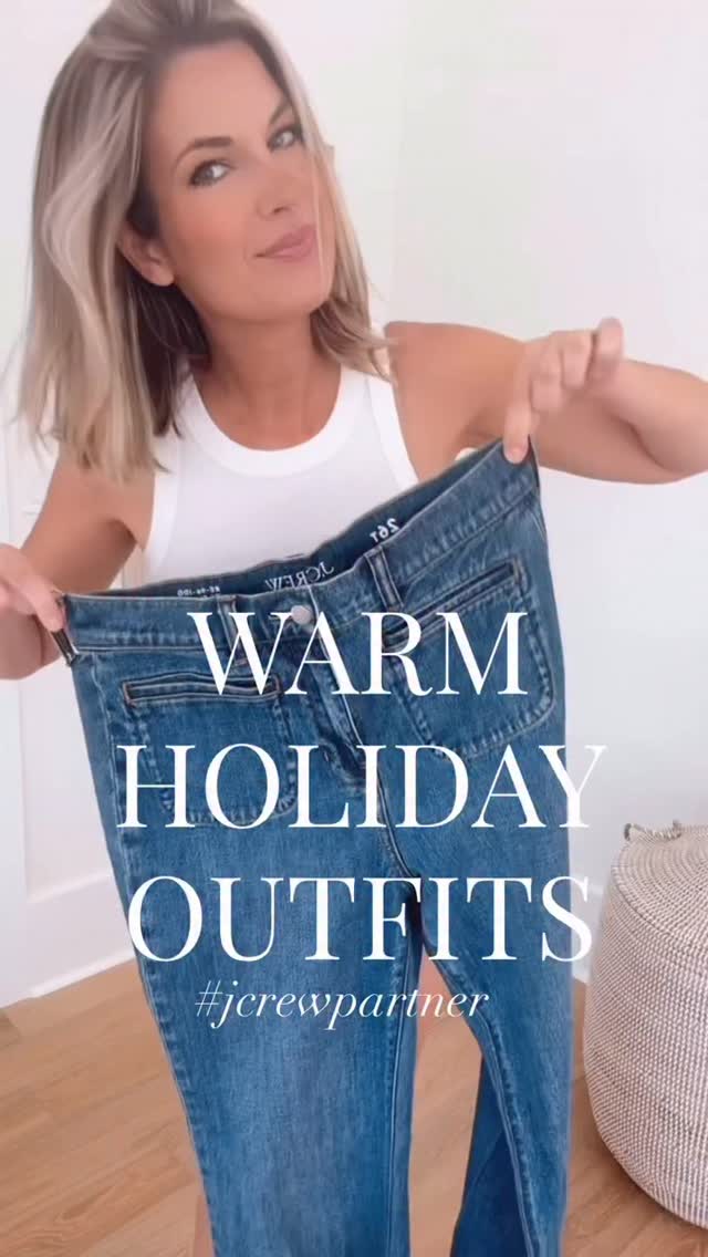 Instagram post by @pinterestingplans for J.Crew. Caption reads: Warm holiday outfits! @jcrew has the most slimming....