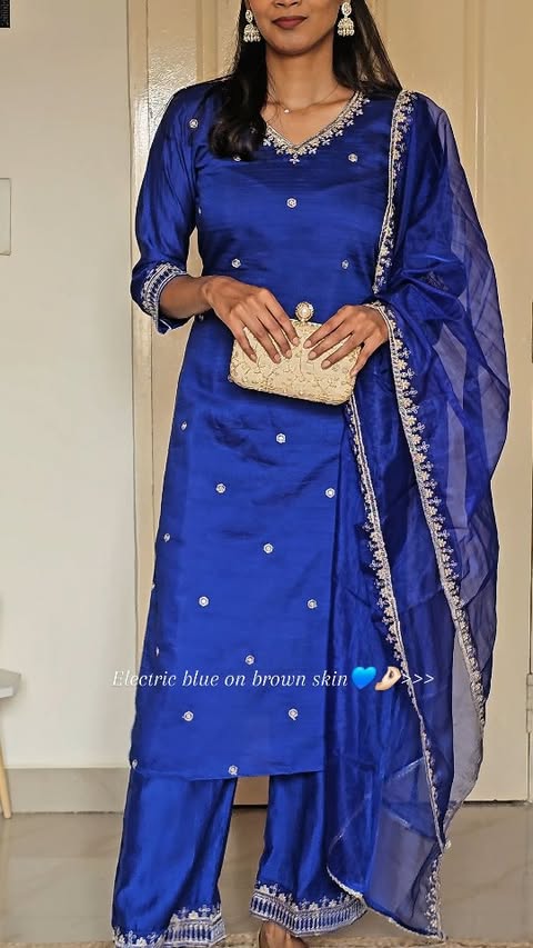 Instagram post by @amrutha.subramani for Amazon. Caption reads: GRWM 💙 family function edition ✨
Electric blue +....