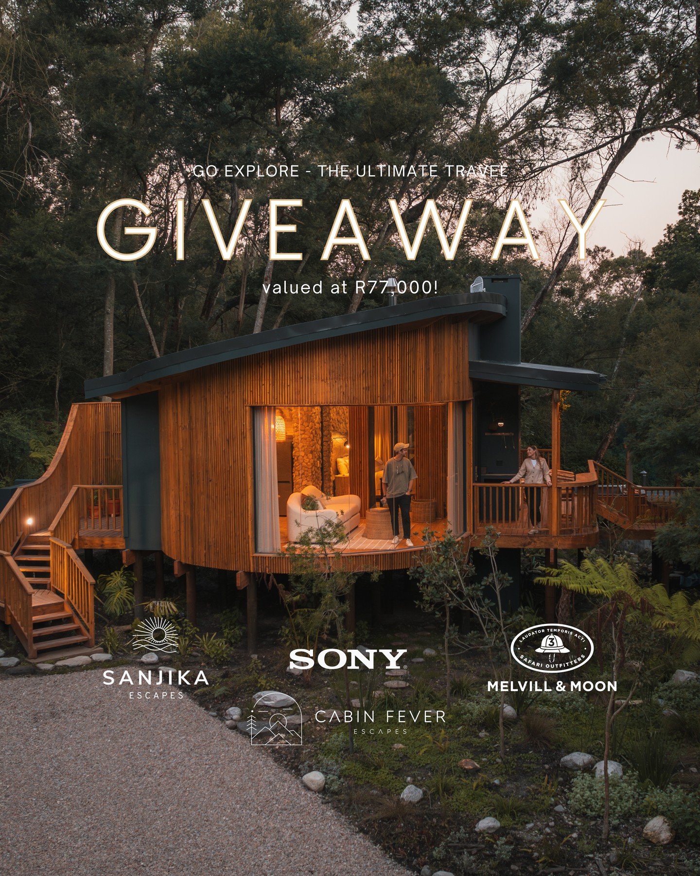 Instagram post by @cabin_fever_cpt for Sony Alpha. Caption reads: 🌍 Go Explore ~The Ultimate Travel Giveaway valued....