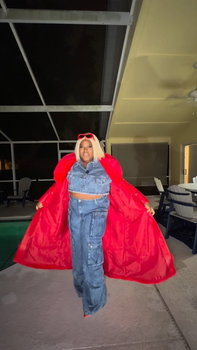 Instagram post by @msjbold for Booksy. Caption reads: Rate the fit  Jean Set @fashionnova coat and shoes....