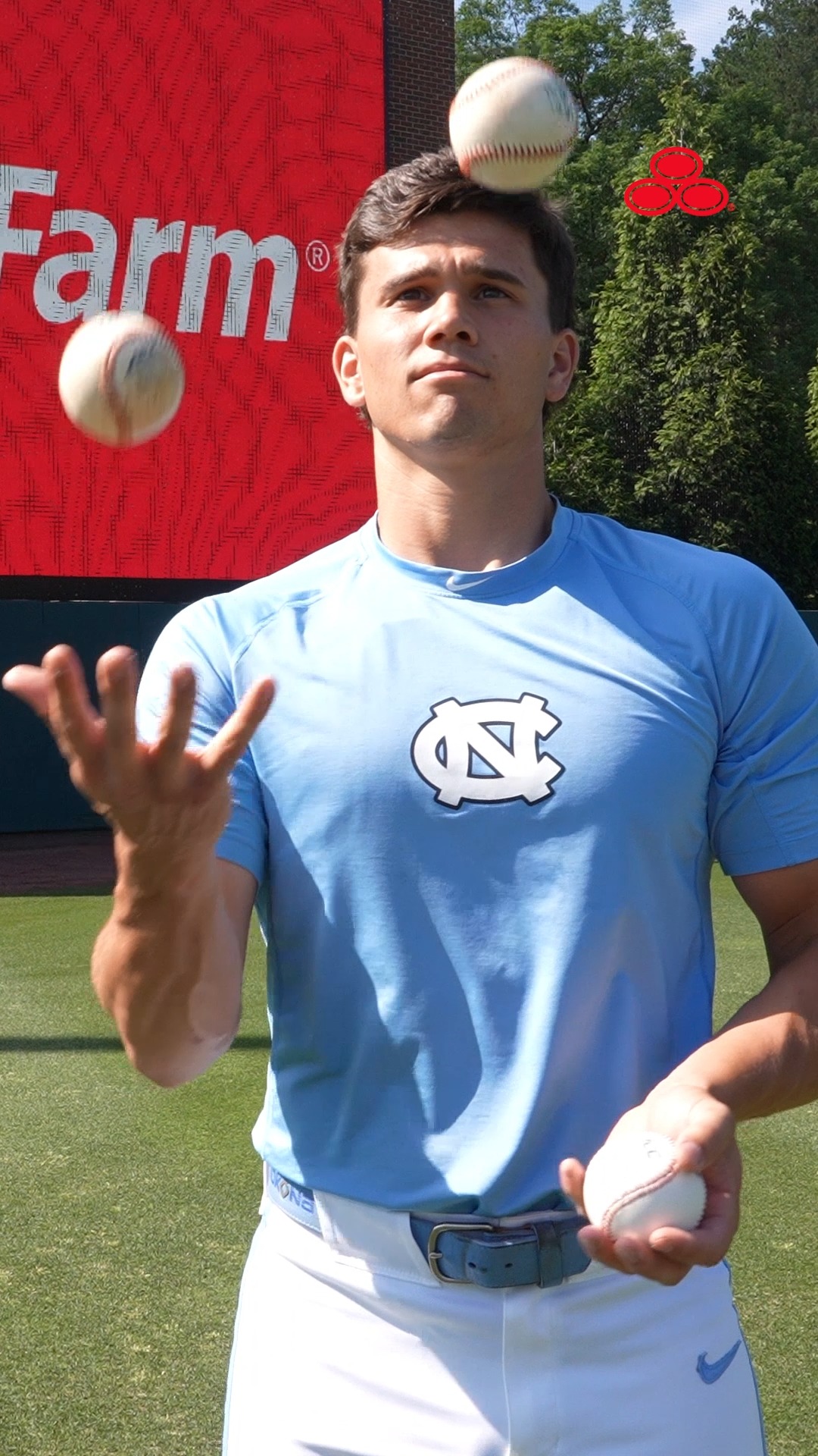 Instagram post by @carolinabaseball for State Farm. Caption reads: Getting to know the man behind the mask. Luke....