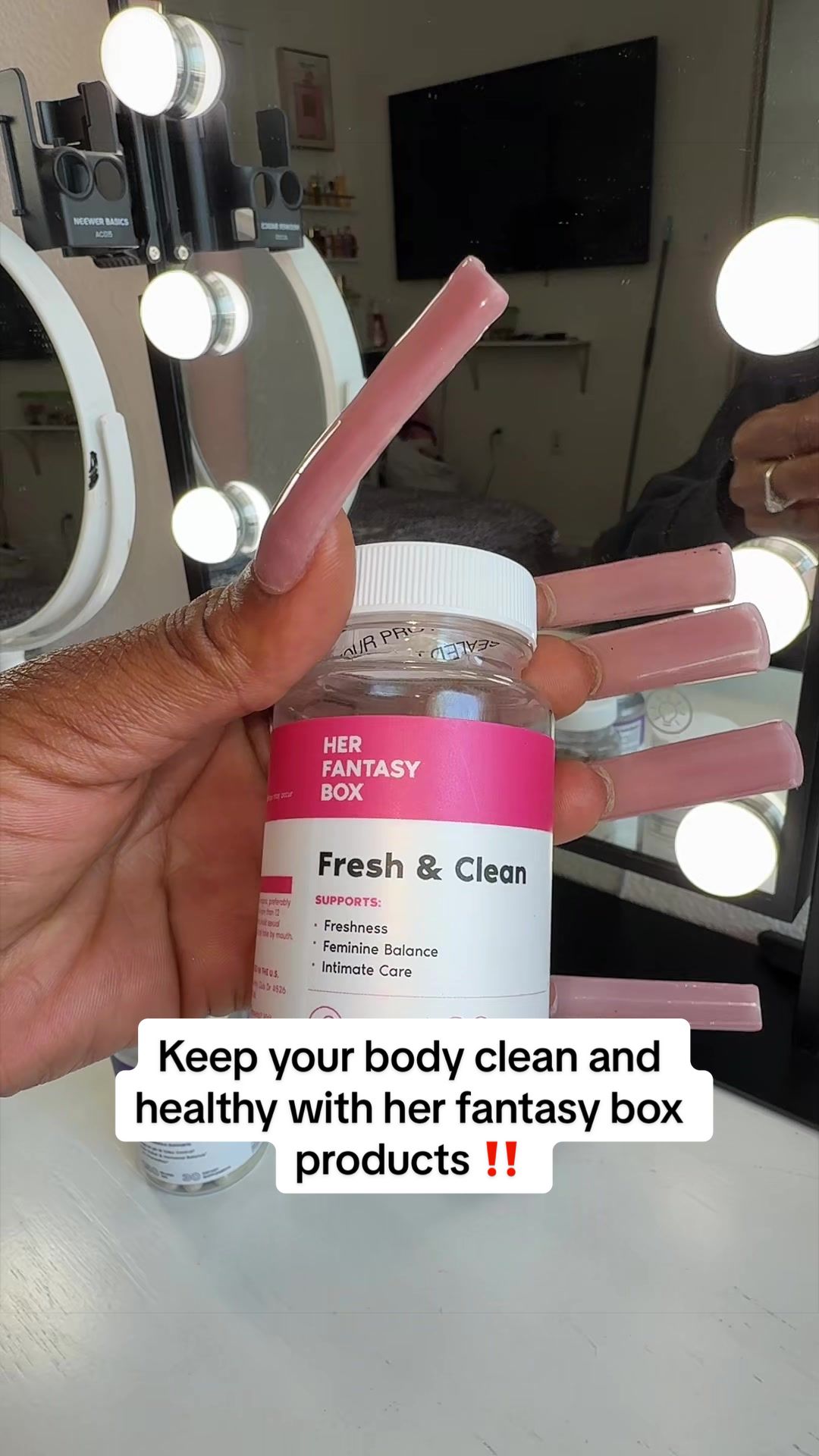 TikTok post by @dajanailedit for Her Fantasy Box. Caption reads: @Her Fantasy Box real tea in a bottle [...].