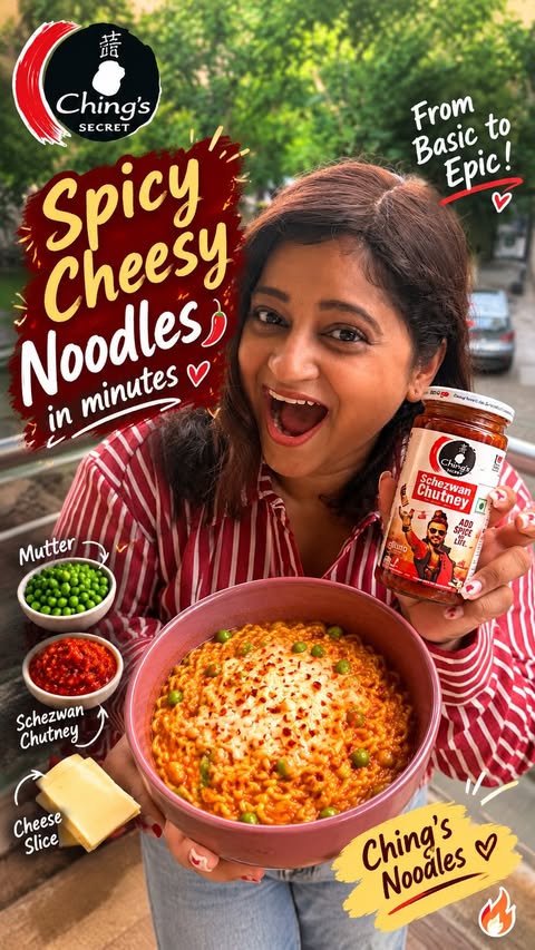 Instagram post by @drnilofershaikh_ for Ching's Secret. Caption reads: Basic noodles? Not anymore! 🌶️🍜 Took my Ching’s....