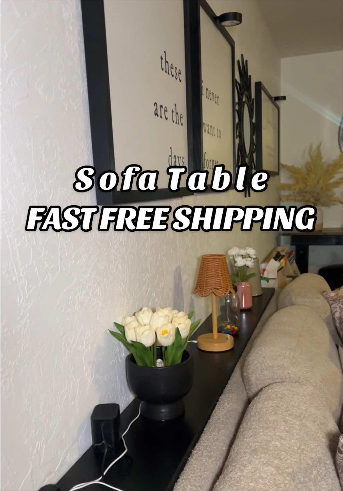 TikTok post by an influencer for Mahancris Furniture. Caption reads: The best sofa table with fast free shipping and....