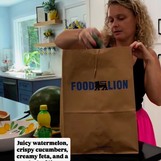 Instagram post by @thecurlyqmom for Food Lion. Caption reads: #sponsored | Watermelon Salad = Summer in a Bowl....