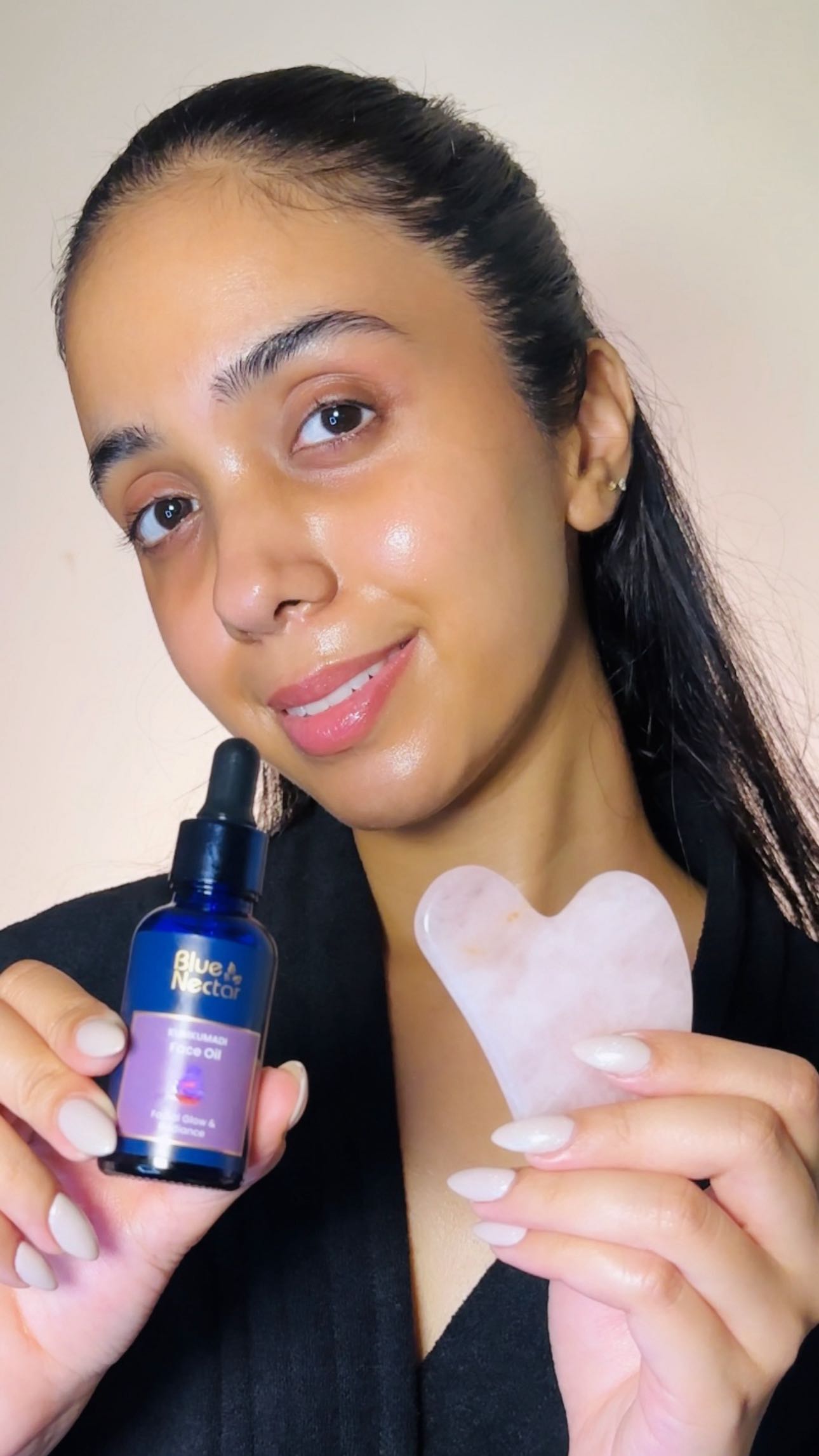 Instagram post by @simmkaurmua for Blue Nectar. Caption reads: Facial Lymphatic Drainage with Gua Sha 🤍

Face....