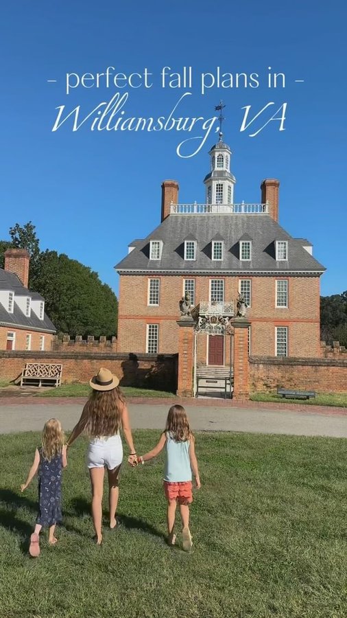 Instagram post by @welltraveledchild for Visit Williamsburg. Caption reads: 🍁Full Itinerary Below! 👇🏼 

 Step back in time....