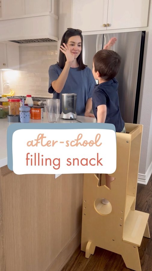 Instagram post by @mytoddlerskitchen for Guidecraft. Caption reads: My chocolate peanut butter banana smoothie (with....