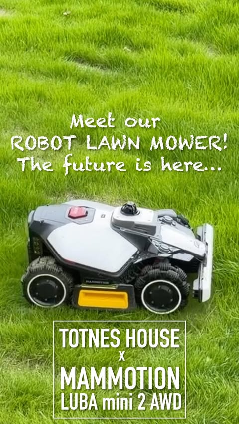 Instagram post by @totneshouse for Mammotion Tech. Caption reads: Ad. The grass on the new lawns at Totnes House is....