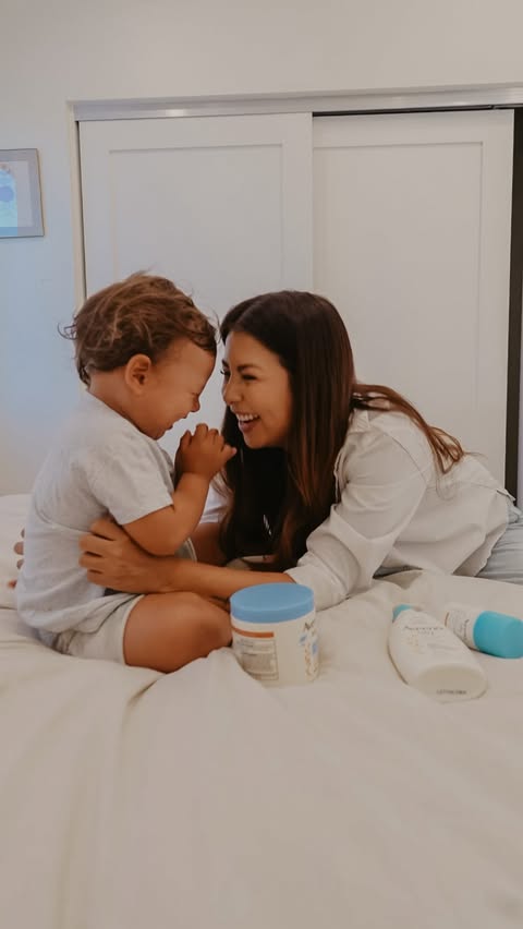Instagram post by @modernfamilynextdoor for AVEENO Baby. Caption reads: #AveenoBabyPartner Arthur’s face routine never....