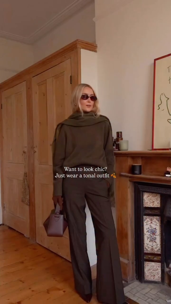 Instagram post by @chloekathbutler for RISE & FALL. Caption reads: Tonal outfits for autumn ~ the fastest and easiest....