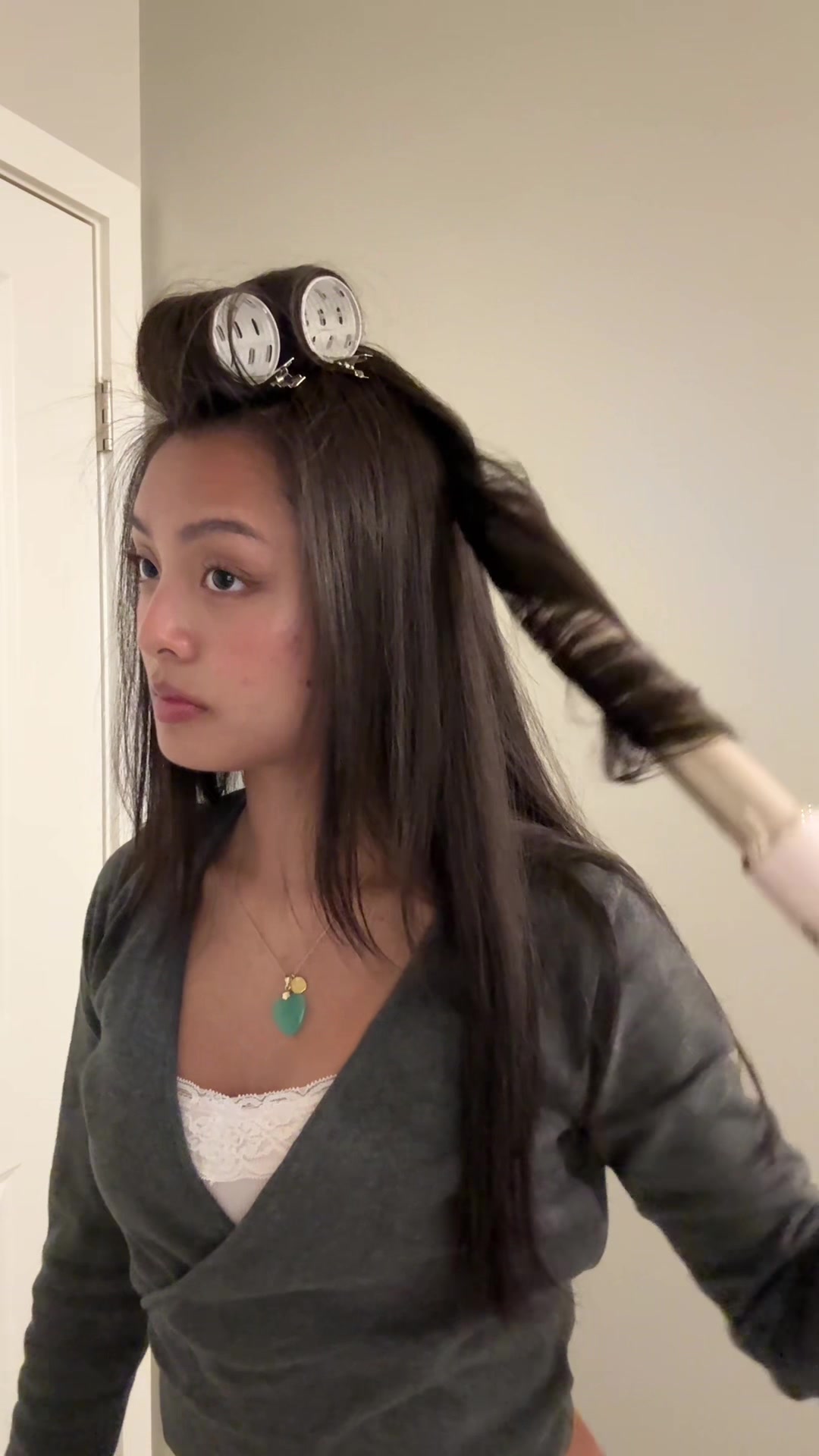 TikTok post by @jolenevy_ for T3 Micro. Caption reads: my typical hair routine 🌙🌸 @T3 Micro....