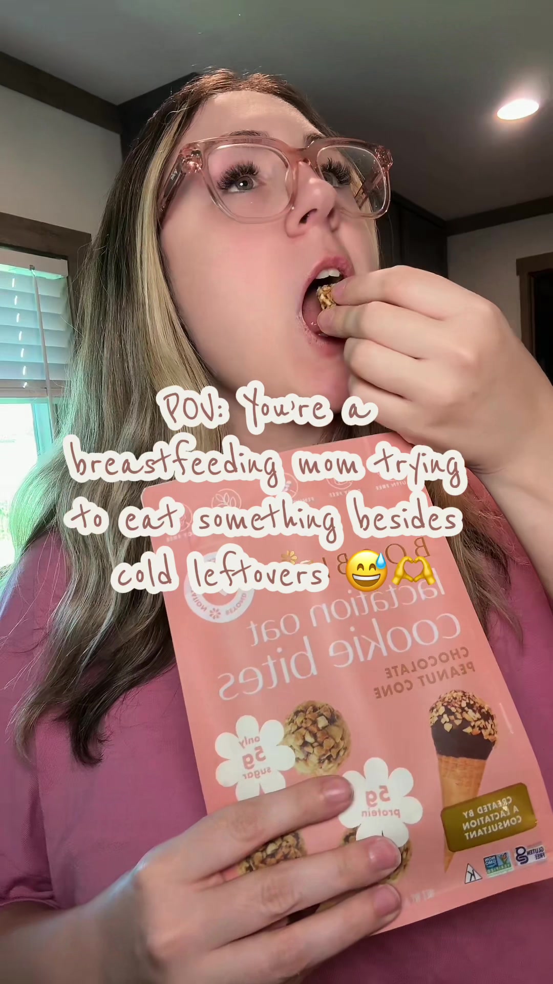 TikTok post by @carlyklenklen for BOOBIE* Superfoods. Caption reads: Created by a lactation consultant containing all....