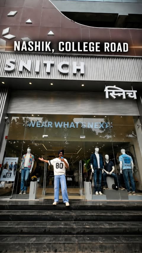 Instagram post by @aman_jandoria for Snitch. Caption reads: SNITCH has finally landed in Nashik! 🔥 Fresh....