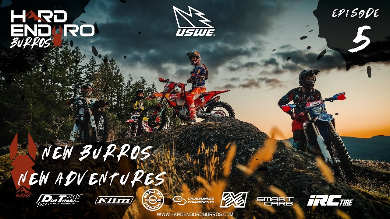YouTube post by @HardEnduroBurros for USWE. Caption reads: Hard Enduro Burros - Episode 5 - New Burros, New....