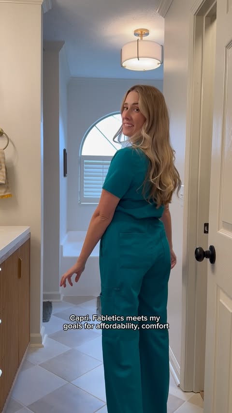 Instagram post by @karathebabynurse for Fabletics Scrubs. Caption reads: [...] set when you become a VIP member!....