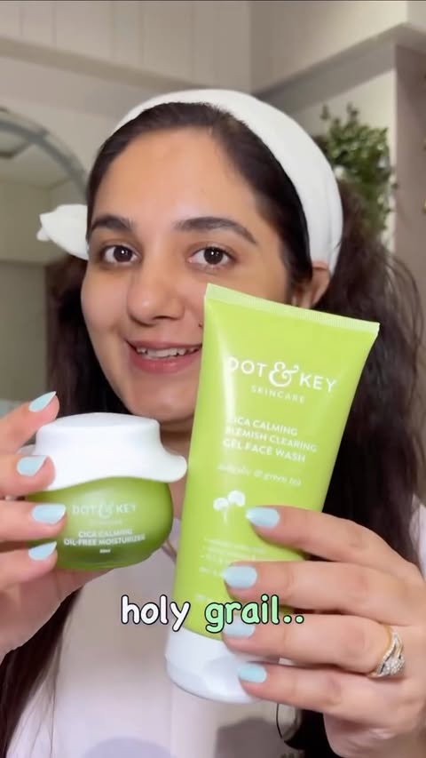 Instagram post by @pratimacreates for Dot & Key Skincare. Caption reads: My go-to duo for calm, happy skin 🌿🤍 The Dot &....