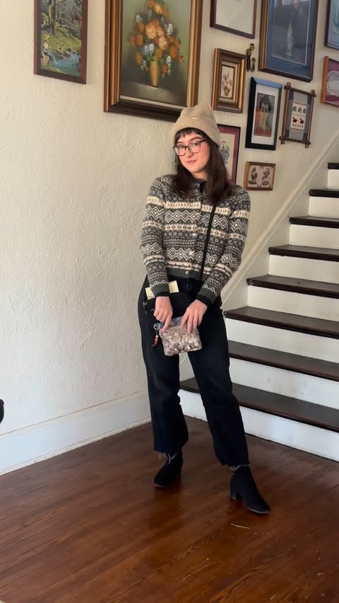 Instagram post by @lizb.reading for Just Black Denim. Caption reads: [...] 😅 + cardigan: thrifted + jeans:....