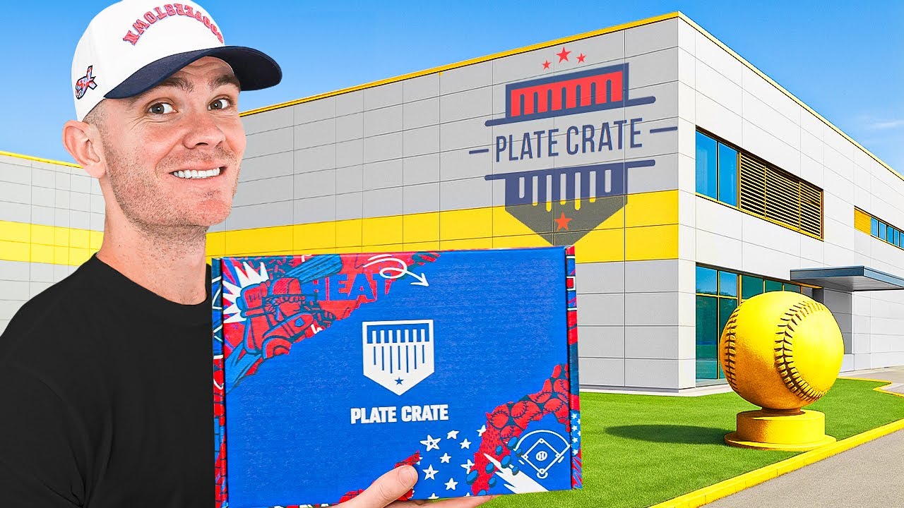 YouTube post by @AidenMcIntyreBaseball for Plate Crate. Caption reads: Inside Plate Crate’s INSANE Baseball HQ.