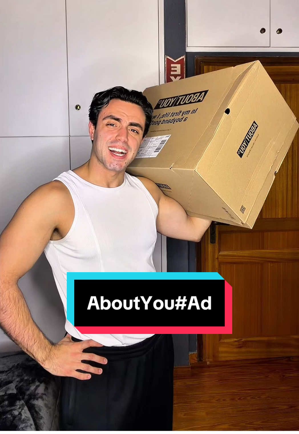TikTok post by @savvas_karagiannis for ABOUT YOU. Caption reads: #ad Haul mode: ON 🔥 @ABOUT YOU official | 1.500+....
