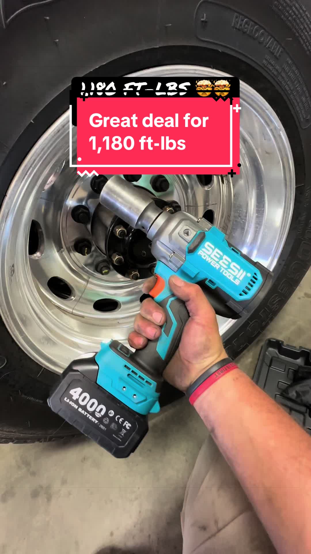 TikTok post by @petecrosby87 for SeeSii. Caption reads: [...] #batterypowered #mechanic #tires #diyer....