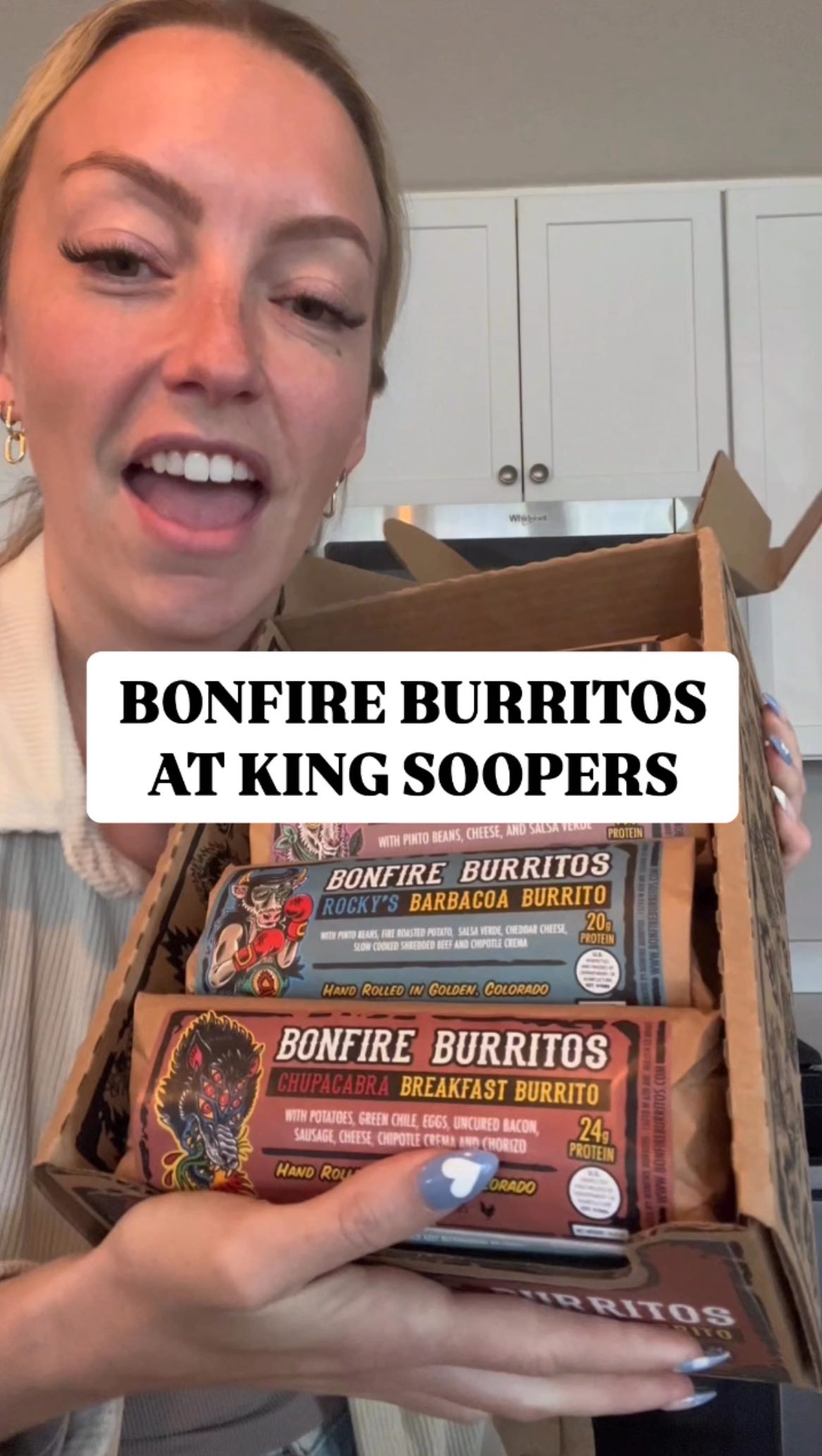 Instagram post by @2girls1milehigh for King Soopers. Caption reads: ‼️ BONFIRE BURRITOS ARE NOW AT KING SOOPERS 🚨....