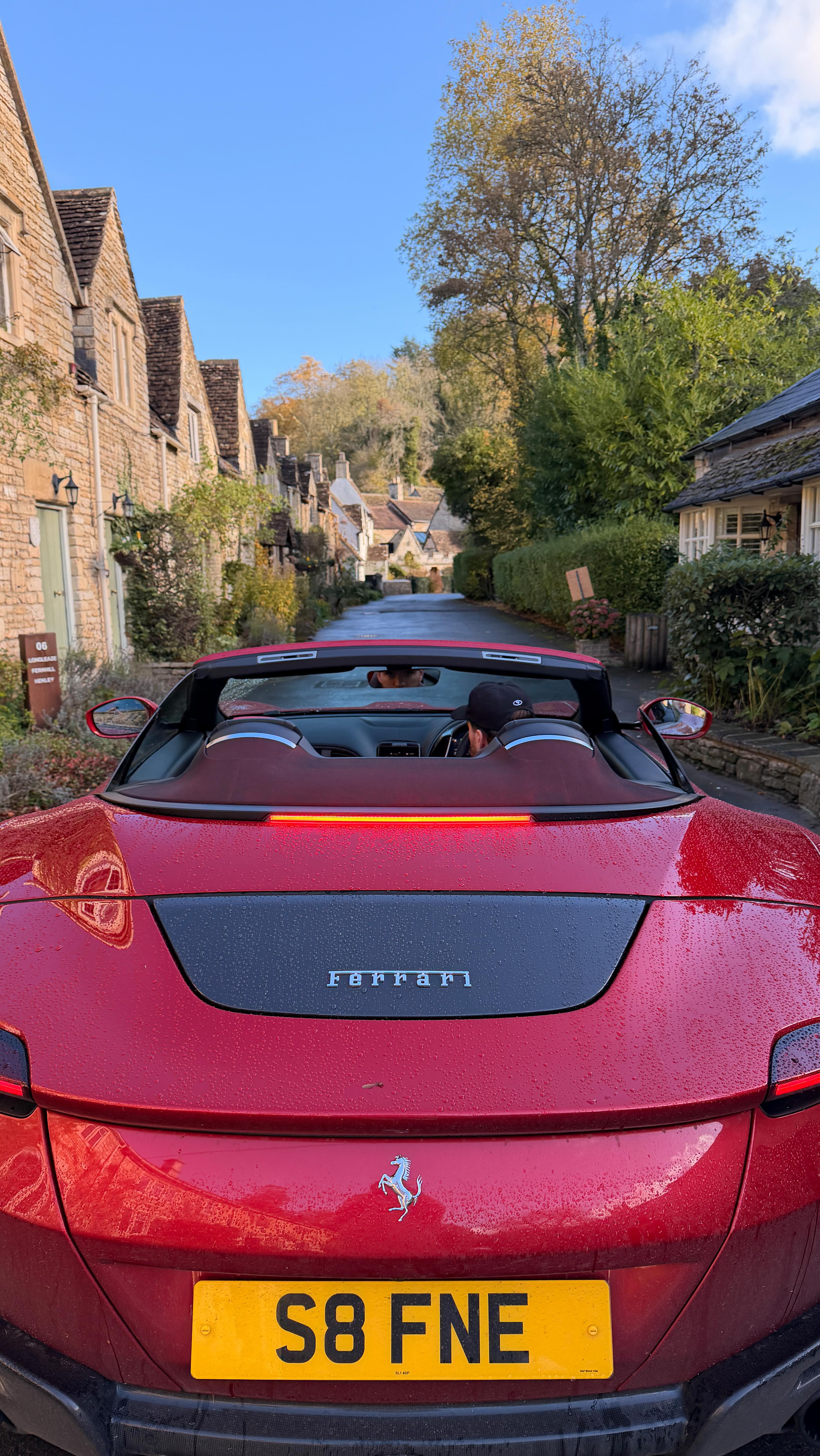 Instagram post by @mattydiver for Ferrari. Caption reads: The Cotswolds. A Roma Spider. And a few days that....