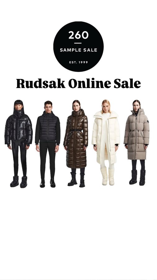 Instagram post by @hey.arthur.nyc for RUDSAK. Caption reads: 260 Sample Sale is hosting an online @rudsak sale....