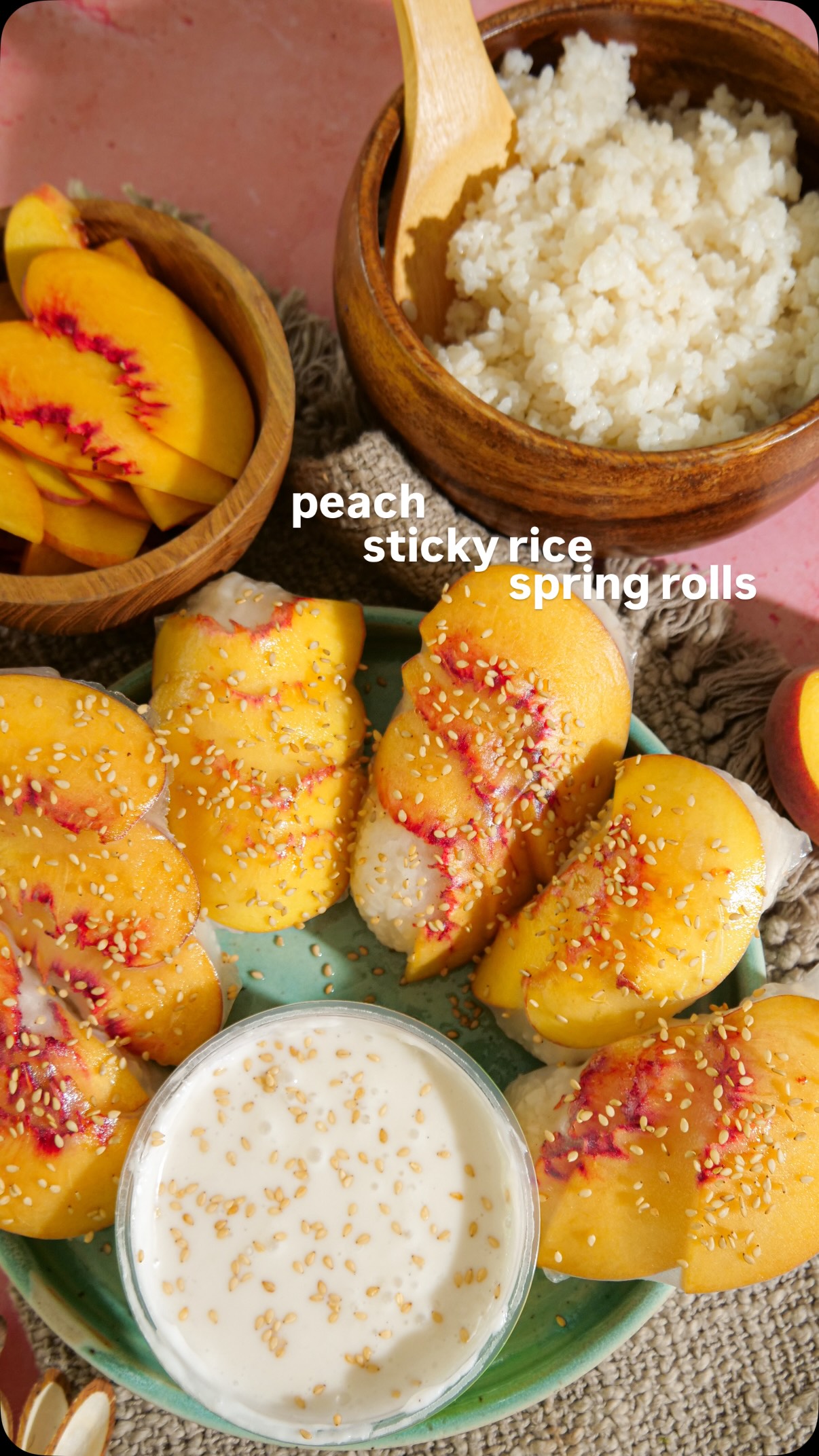 Instagram post by @chef_bai for Harmless Harvest. Caption reads: Peach Sticky Rice Rolls 🍑🍚⬇️ 
<comment "peachy"....