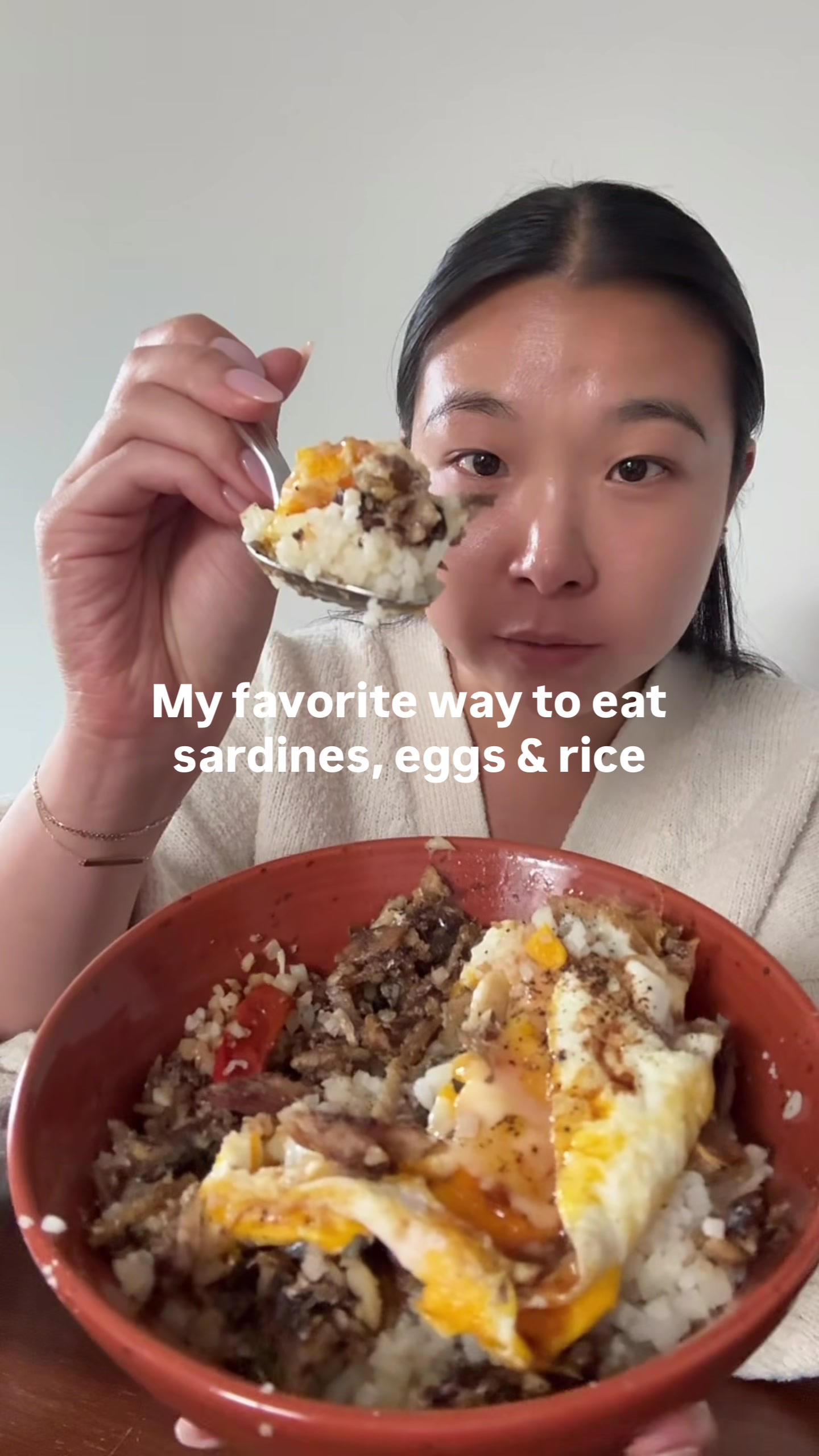 TikTok post by @careesekwok for Fishwife. Caption reads: [...] PAN FRIED SARDINES EGGS & RICE @Fishwife....