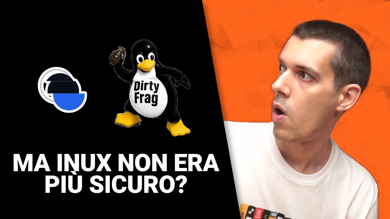 YouTube post by @morrolinux for Udemy. Caption reads: Corrupt cache = privilege escalation. DirtyFrag,....