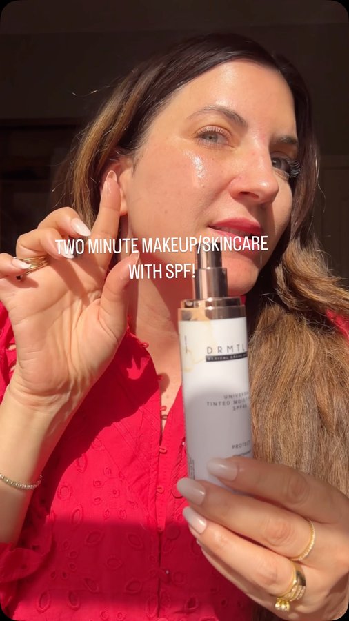 Instagram post by @elenaduquebeauty for DRMTLGY. Caption reads: [...] + blur. Two products that do it all!....