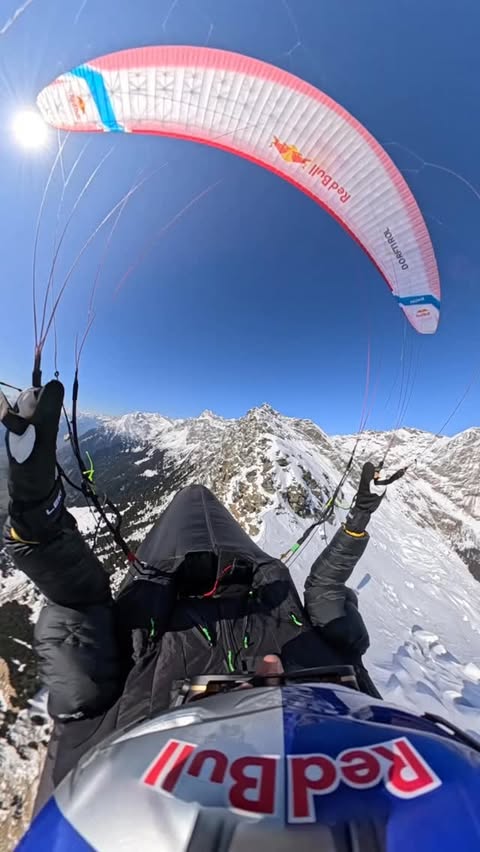 Instagram post by @aarondurogati for SALEWA. Caption reads: [...] 🪂Xenon3 🏔 #Paragliding 🎯 @salewa @redbull....