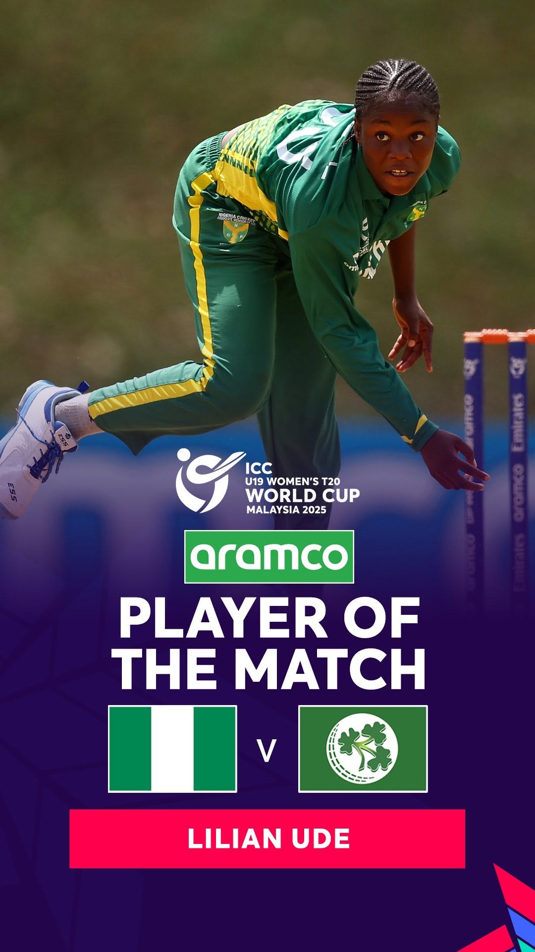 Instagram post by @nigeriacricketfederation for ICC T20 World Cup. Caption reads: Lilian Ude’s crucial three-for proved to be the....