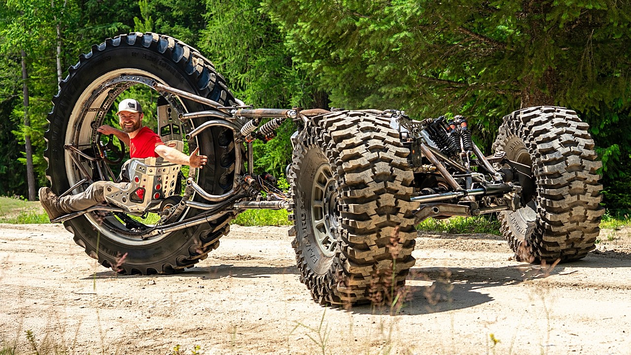 YouTube post by @GrindHardPlumbingCo for Huckberry. Caption reads: Three Wheel Steering Finished! Will it Drive?.